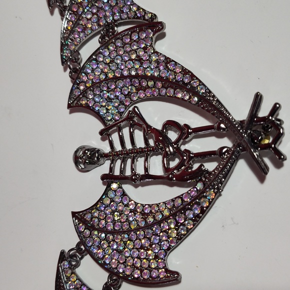 Necklace Skeleton with Bat Wings Halloween Rhinestone Bling Costume Gothic Punk - Picture 4 of 15